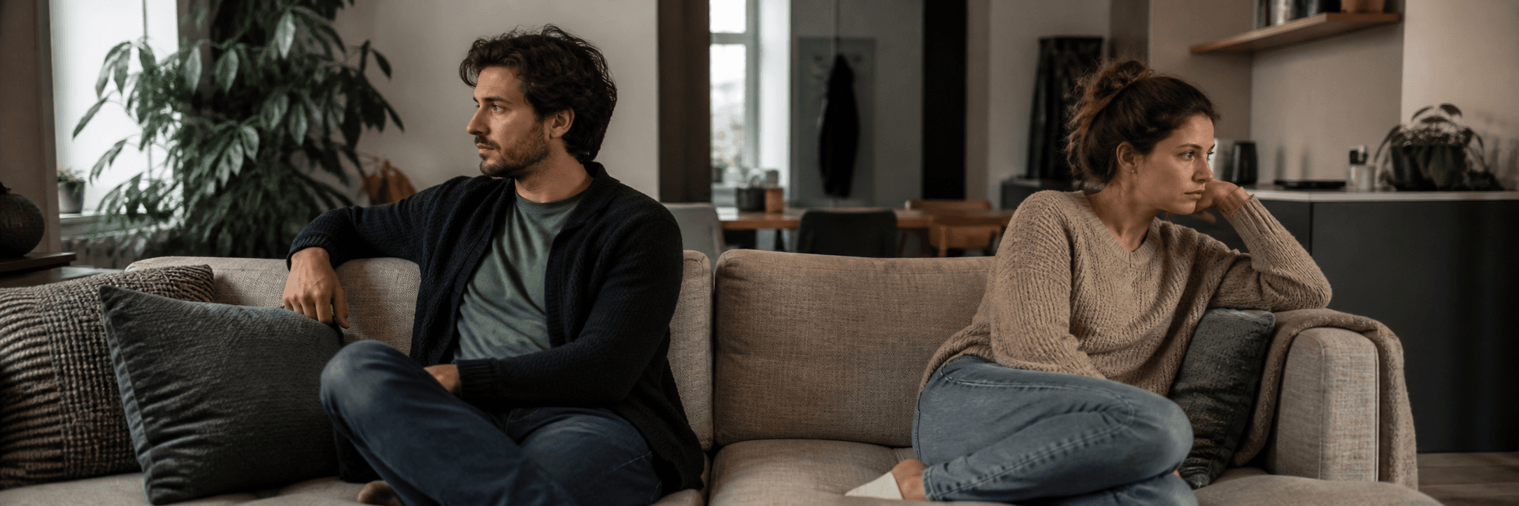 A couple sitting apart while considering where their relationship stands
