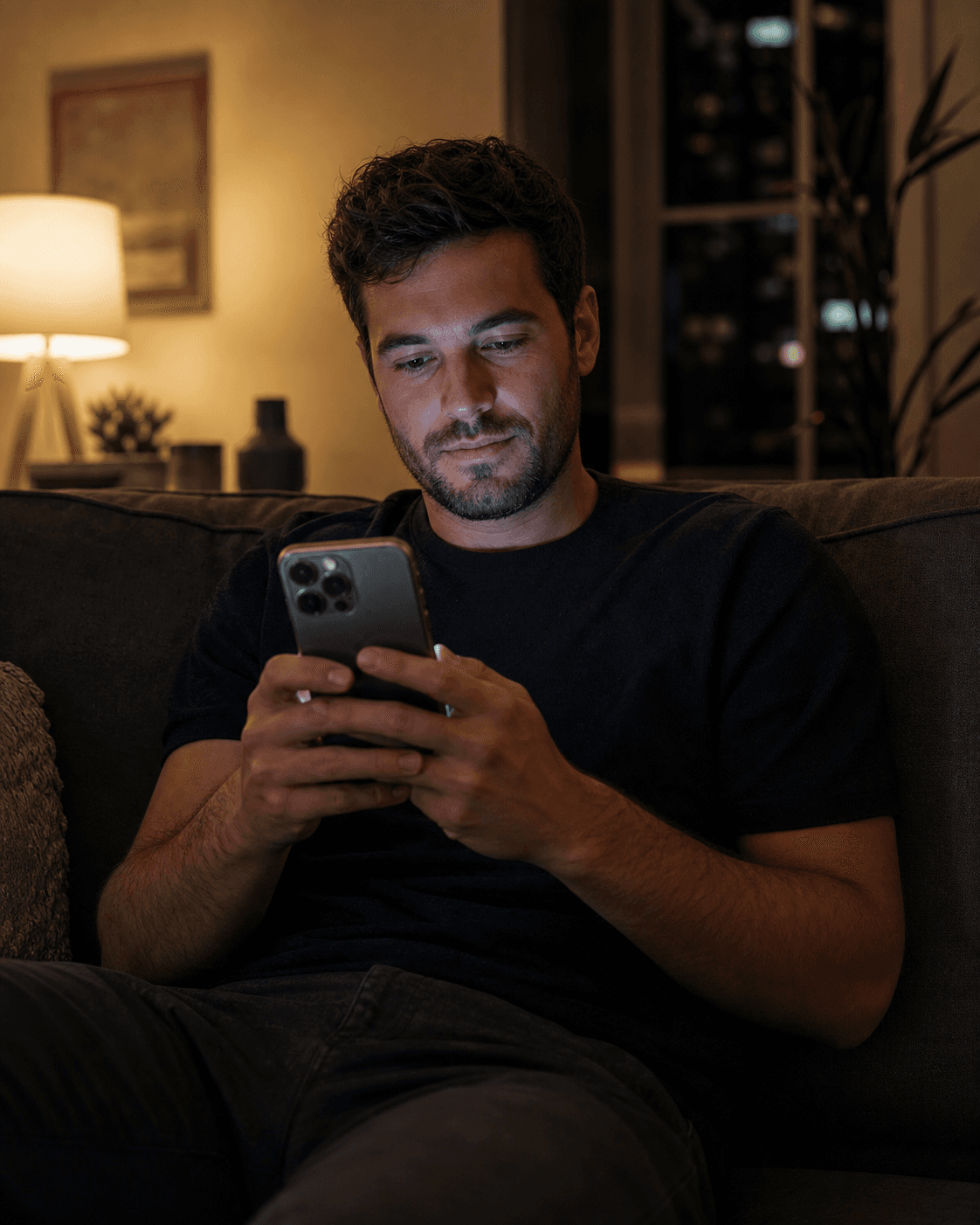 A man considering what to text while sitting at home at night