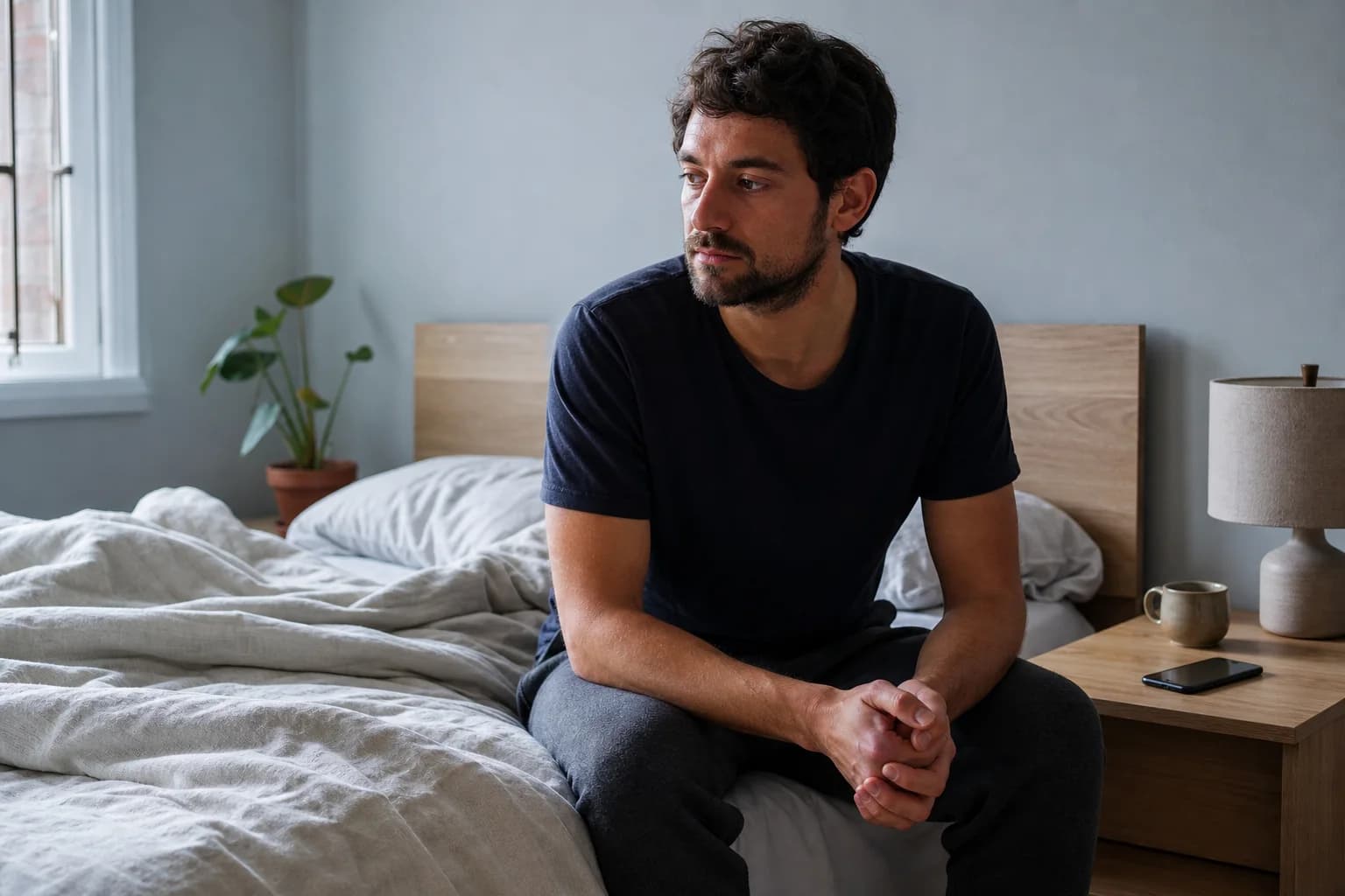 A man sitting quietly on the edge of a bed with his phone face down