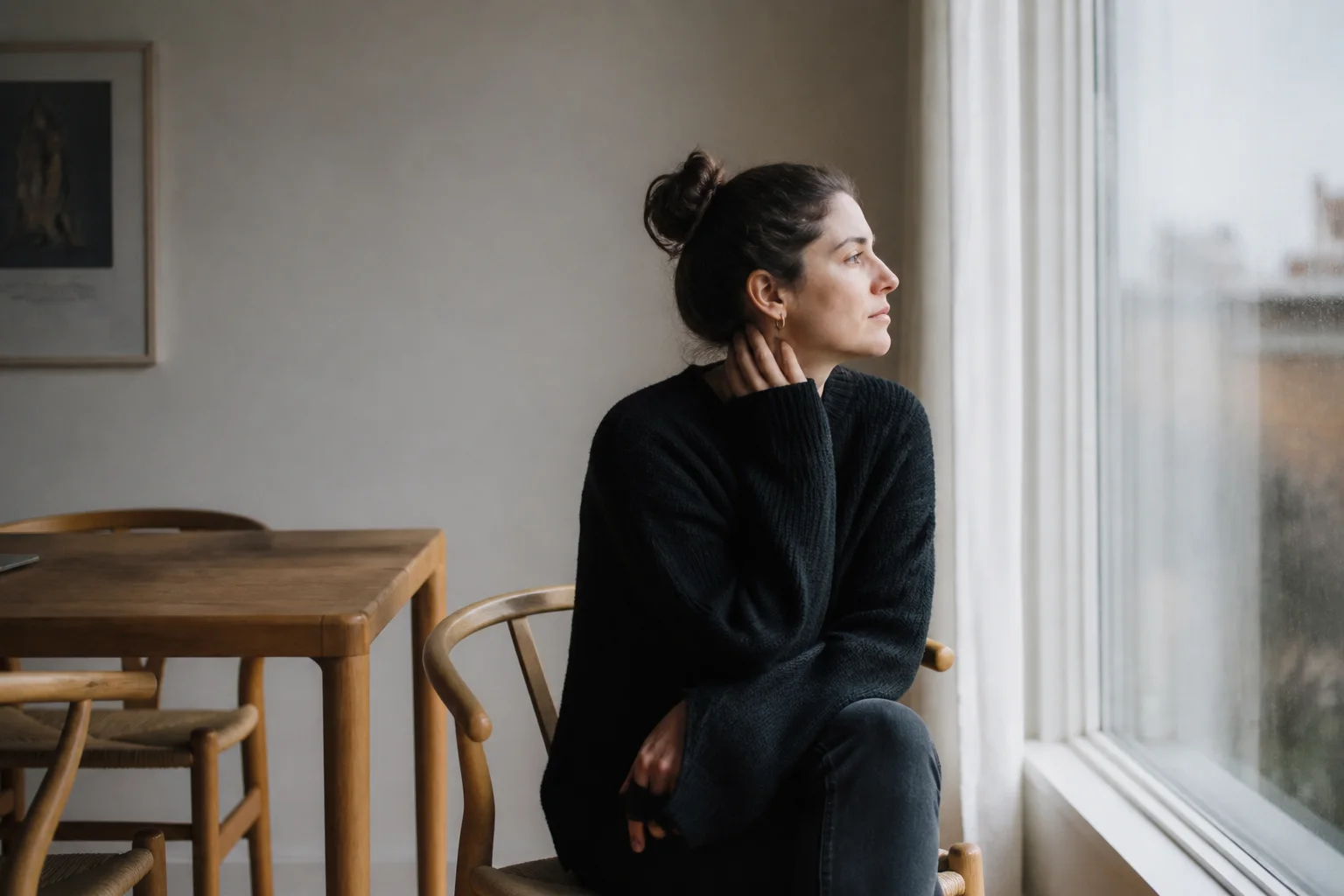 A thoughtful woman looking out through a rain-covered window