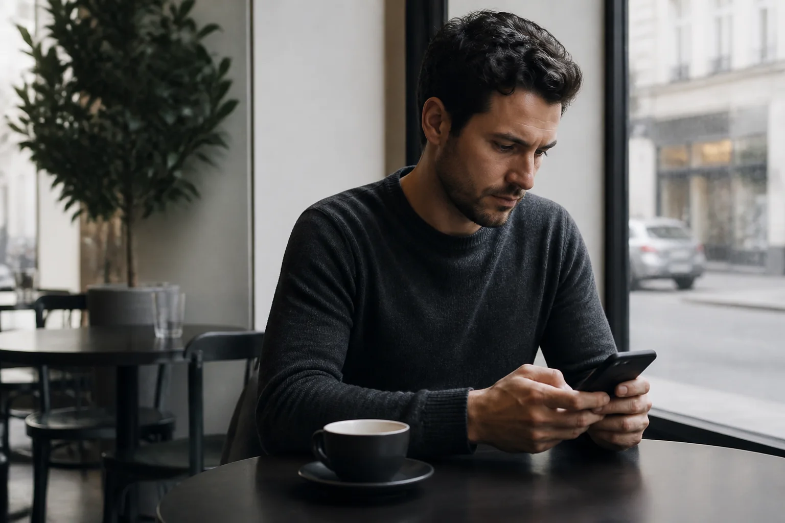 A man composing a thoughtful message on his phone in a quiet cafe