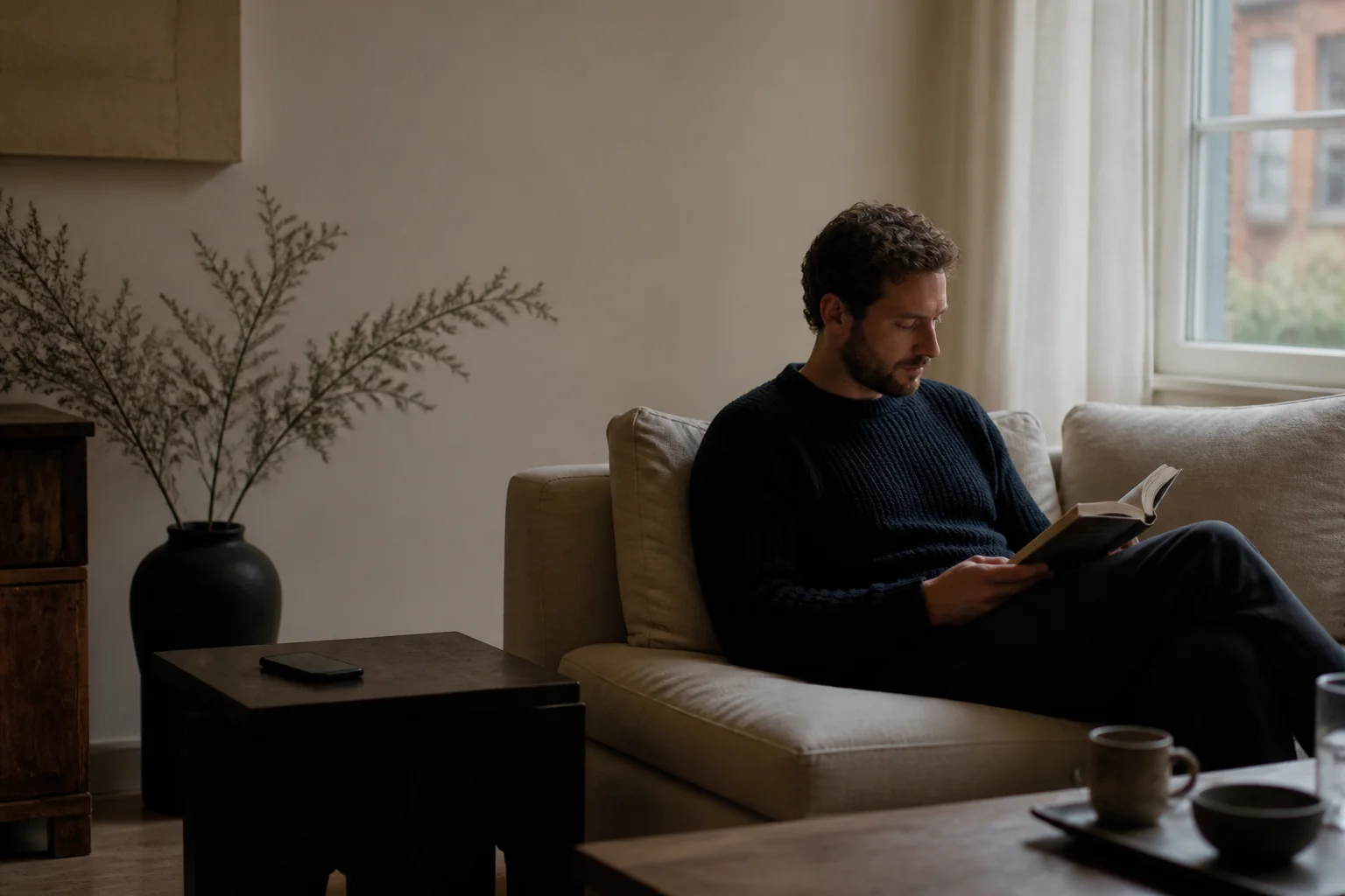 A man reading in a calm room with his phone resting out of reach
