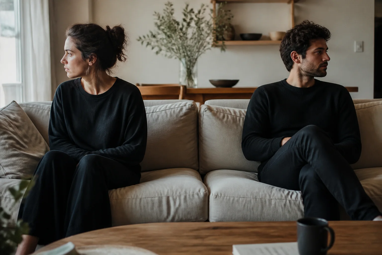 A couple sitting apart respectfully in a quiet living room