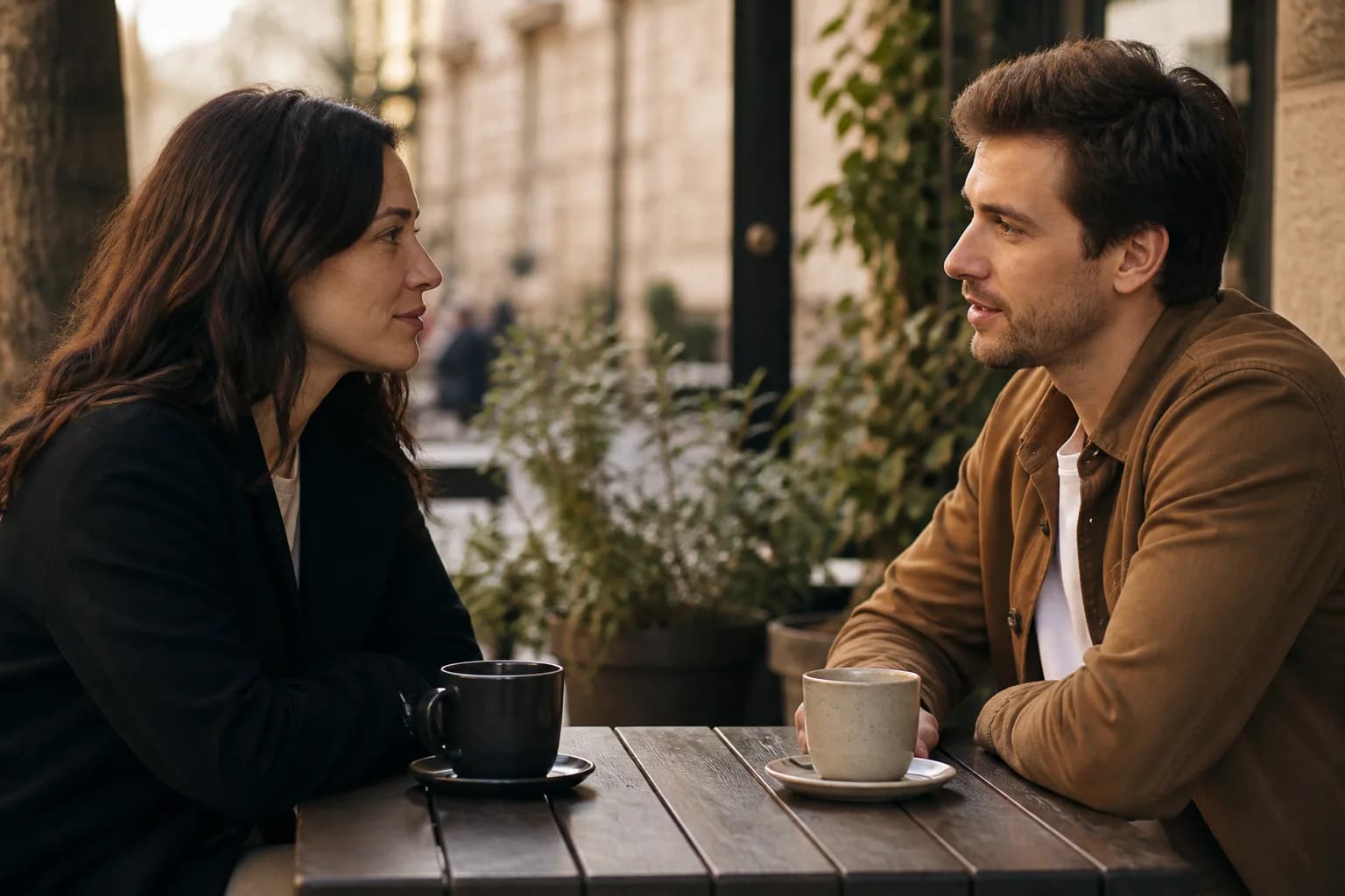 A former couple having a calm and careful conversation outside a cafe