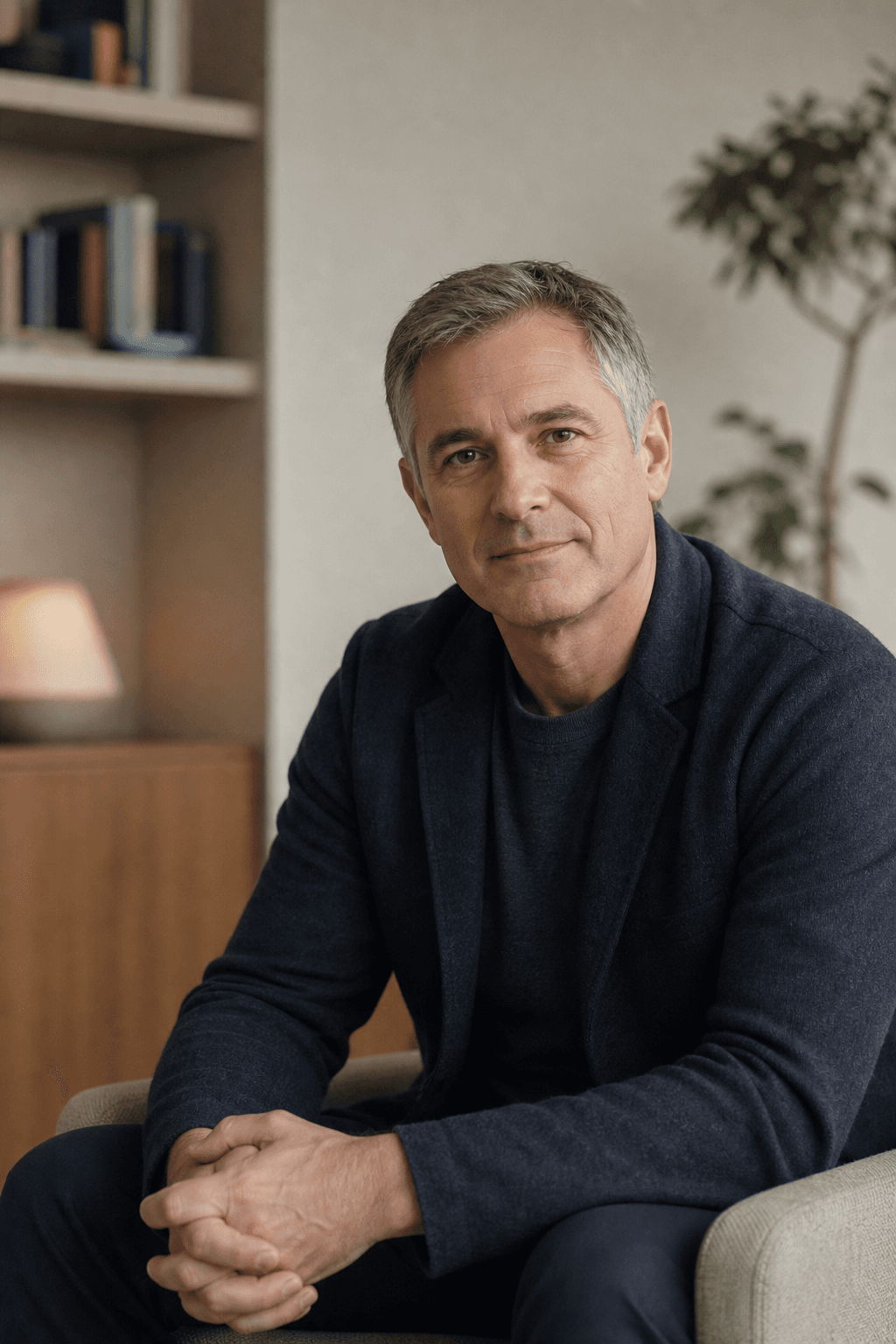 Editorial portrait of a mature relationship psychology professional in a calm office